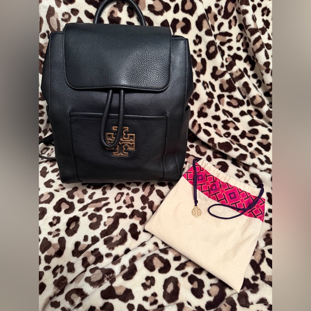 Tory Burch Black Leather Backpack with Gold Logo ✨